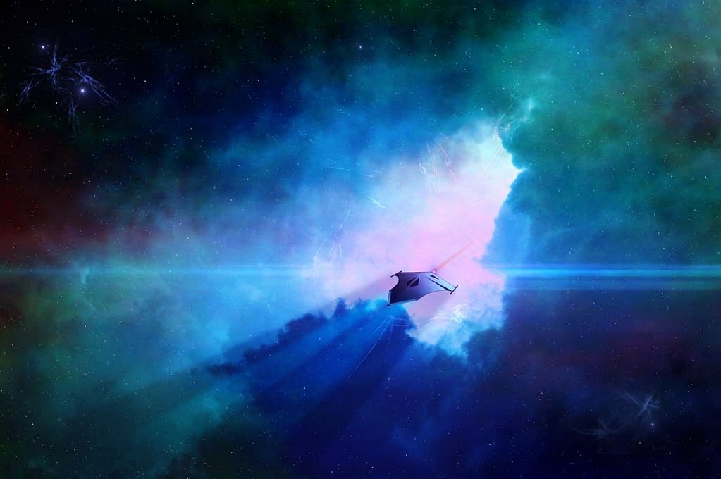 In the Dragon Witch novel Emergence, showing the descent of the survival capsule containing John Mack